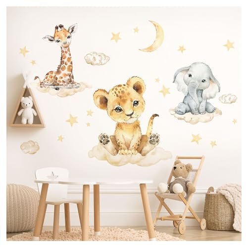 DEKO KINDERZIMMER Wandsticker Safari Tiere mit Wolken Kinderzimmer Wandtattoo Dschungel Löwe Elefant Wandaufkleber Babyzimmer Deko DK1029-3