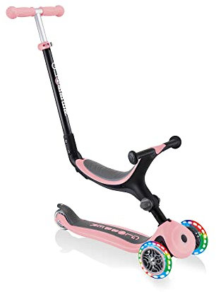 Globber Go Up – Trottinette pliable à 3 roues avec roues lumineuses – De 15 mois à 7 ans, trottinette pour enfants garçons et filles avec siège amovible (rose pastel)