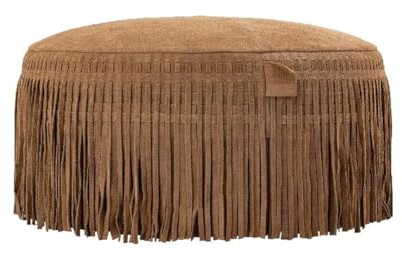 Vintagehaus Hocker Leder Carla Pouf in Zwei Farben mit Fransen 50 cm Ø (Camel)