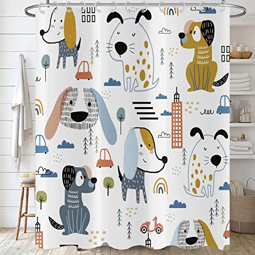 Hnmdmyi Duschvorhang Lustig 180x200, Cartoon Hund Duschvorhänge Kinder Jungen Niedliche Tiere Weiße Badewanne Vorhang Wasserdicht Polyester Stoff Waschbar Badevorhang für Badezimmer mit Haken