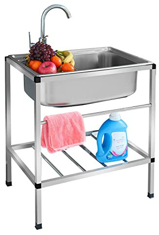 Évier En Acier Inox 304 Sur Pieds Evier Multifonction Évier À Un Seul Bol Pour L'extérieur Avec Robinet Avec Égouttoir Sous Évier De Cuisine Lave-mains Pour Buanderie/garage ( Color : C , Size : 52*38