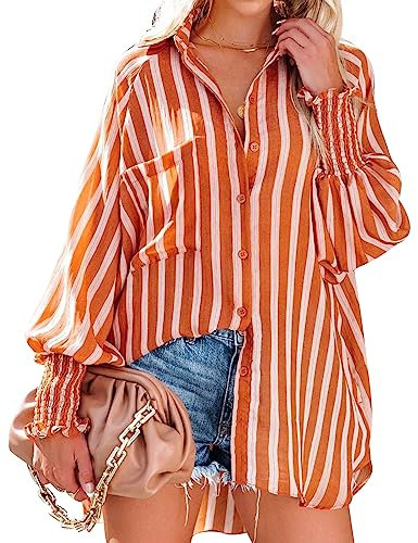 MINTLIMIT Women's Smocked Cuffed Striped Button Down Shirt Long Sleeve Oversize Blouse Tops for Women 2024 Orange