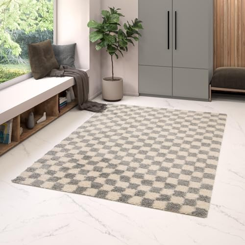 Rugs Essentials Shaggy Schachbrettmuster Teppich, Rechteckiger Teppich für das Wohnzimmer - Schlafzimmer, Weich und Bequem, Pflegeleicht, Florhöhe 30 mm, Polypropylen, 160x230, Grau