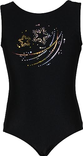 Gymnastikanzug Sterne Lycra Mädchen Turnanzug Kurzarm Kinder Turnbody kurzärmlich, Größe:128, Farbe:Lycra in Schwarz/STERNCHEN
