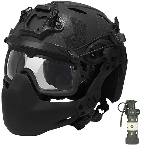 Taktischer Airsoft Paintball Helm Set, Faltbare Halbdichtung PJ Maske Brille mit Dummy Flashbang Modell Licht, für Outdoor Jagd BB CS Militär Spiel (Schwarz)
