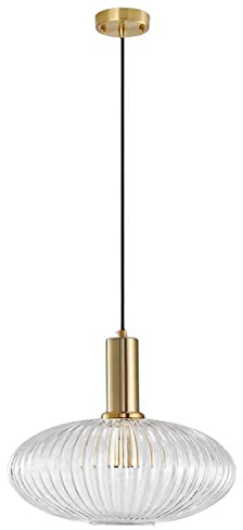 NICRX Lampe à suspension en verre transparent avec abat-jour en verre nervuré et finition bronze, plafonnier rétro moderne pour table de chevet, table à manger et îlot de cuisine (L)