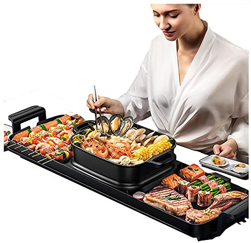 Electric Grill with Hot Pot 2 in 1 Indoor Korean BBQ Grill,2200W Multifunctional Smokeless BBQ Hot Pot Double Pot, Non-Stick Pan, for 5-10 People,Double Pot