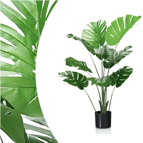 SPOTRAVEL 120CM Artificial Monstera Deliciosa Plant, Evergreen Fake Swiss Cheese Plants in Pot with Cement and Moss, Indoor Outdoor Faux Houseplant Tree for Home Office Decoration