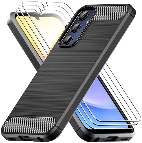 YNMEacc Cover per Samsung Galaxy A15 4G / 5G con 3 Pezzi Vetro Temperato, Fibra Carbonio Protettiva Cover Galaxy A15, Anti-Graffio Antiurto Morbida Silicone TPU Case Custodia per Samsung A15 - Nero
