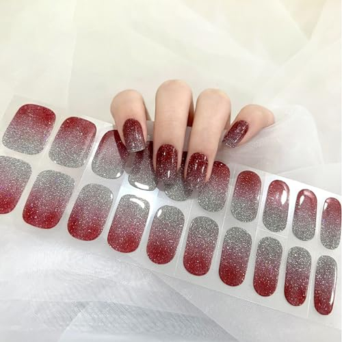 Ceboic Semi Cured Gel Nail Strips, 22PCS Red Glitter Gradient Gel Nail Stickers Self-Adhesive Full Wraps, Long Lasting Salon-Quality Manicure, UV Light Required