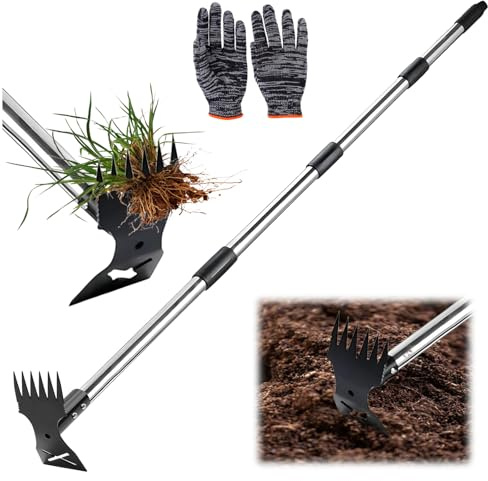 Estirpatore Erbacce con Manico Lungo 160 cm, Strumento per Rimuovere Le Erbacce Estrattore Zappa Orto Rastrello Giardino 2 in 1 Manuale Strumento da Giardinaggio per Diserbo per Giardino Tools