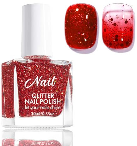 NLFOX Glitter Nail Polish - Sparkly Red Nail Polish - Shimmer Gloss Air Dry Nail Polish - Reflective Glitter with Colorful Paillette Durable Air Dry No Need UV DIY Manicure Nail Art