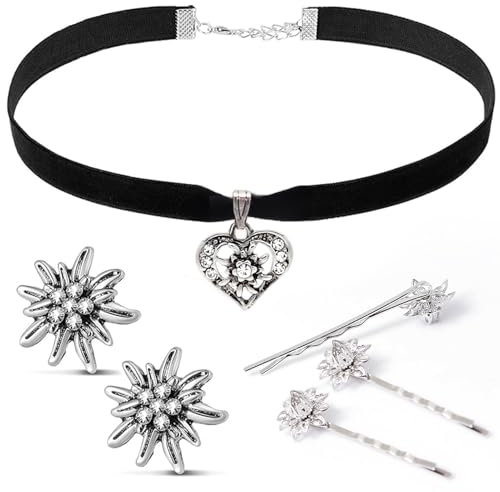 TaimeiMao Trachtenkette mit Strass Edelweiß Herz Anhänger, Edelweiß Armband und Edelweiß Ohrstecker (Anzug) (2)