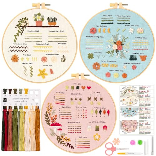 JSRQT 3 Stück Stickerei Kit für Anfänger, Stitch Practice Stickerei Kit zu Lernen, 30 Verschiedene Stiche, Blumen Kreuzstich Starter Kit Sticken set Erwachsene Kinder mit Video Hoop Nadel und Garn
