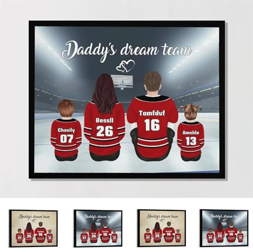 Smallduuck Personalisiertes Leinwandposter Daddy's Dream Team, personalisierbar, Hockey-Familienporträt, Leinwandposter, Eishockey-Trikot, Wandkunst-Schild mit Namensnummer für Vater, Opa, Vatertag,