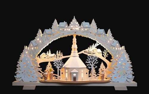 3D LED Schwibbogen 53cm mit Seiffener 3D Kirche, verschneit - Feine Handwerkskunst aus dem Erzgebirge