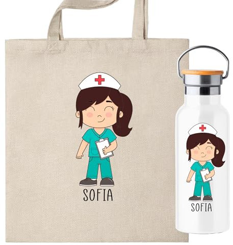 Pack Botella termica + Bolsa personalizada con ilustracion de enfermera, regalo para enfermera ideal, elige el color de pelo y el nombre. (Botella enfermera Morena personalizada)