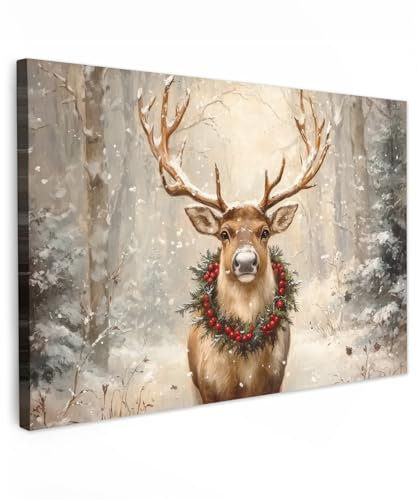 MuchoWow© Weihnachtsdeko Leinwandbild Groß 120x80 cm XXL Dekoration Wohnzimmer Bilder Pictures Weihnachtsgeschenke Decoration Living Room Deko Moderne Bild Geschenke Weihnachten - Rentier - Winter - B