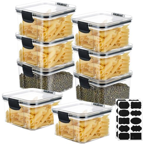 LDXDRU 8 Pack 460ml Plastic Food Storage Container, Square Small Container | Clear Kitchen Containers with Lids & Stickers Airtight Spice Containers for Cereal Bean Pasta Flour Nut Sugar