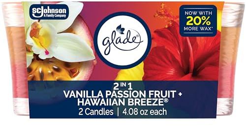 Glade 1-Wick 2in1 Scented Candle Jar, Hawaiian Breeze & Vanilla Passion Fruit, Air Freshener Infused with Essential Oils, 4.08 Oz, 2 Count