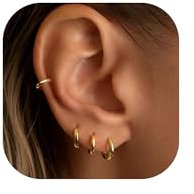 SIXDUTON 4 Paar Kleine Creolen Silber 925 für Damen Mädchen, 14K Vergoldet Hypoallergen Knorpel Creolen Gold Piercings Ohrringe Set für Mehrere Ohrlöcher 6/8/8/10MM (Gold)