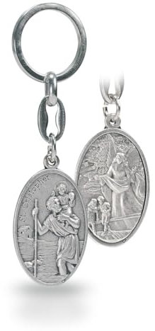 LUNEXUS Porte-clés Saint Christophe - 4 x 2,6 cm - Ange gardien au dos - Saint Christophe - Béni - patron automobiliste - Porte-bonheur pour voiture et moto - Cadeau pour les conducteurs fréquents,
