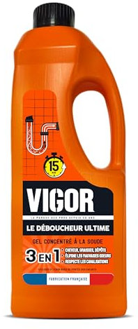 Vigor | Le Déboucheur Ultime | Cheveux, graisse et dépots | Elimine les mauvaises odeurs | Respecte les canalisations | Gel concentré à la soude | 1L