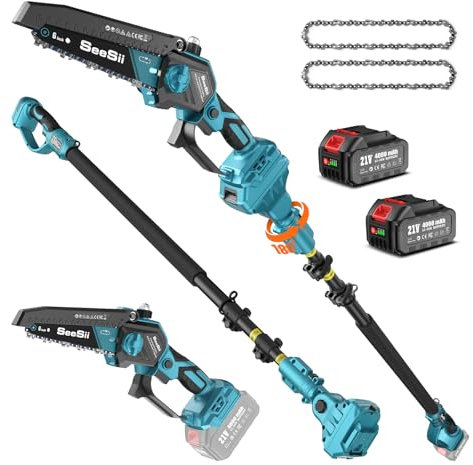 SEESII 2-in-1 Akku Hochentaster, 6-Zoll Bürstenlose Mini-Kettensäge mit 2 x 4000 mAh Batterien, 4.87m Reichweite Elektrische Kettensäge für Baum Trimmen Ast Schneiden Gartengerät