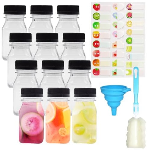 LXBCTOP 12 pcs 4oz/120ml Juice Bottles, Plastic Juice Bottles, Reusable Shot Bottle With Lids For Storing Juices With Pouring Funnel, Brush And Fruit Stickers, For Drinks Smoothies Juices Milk