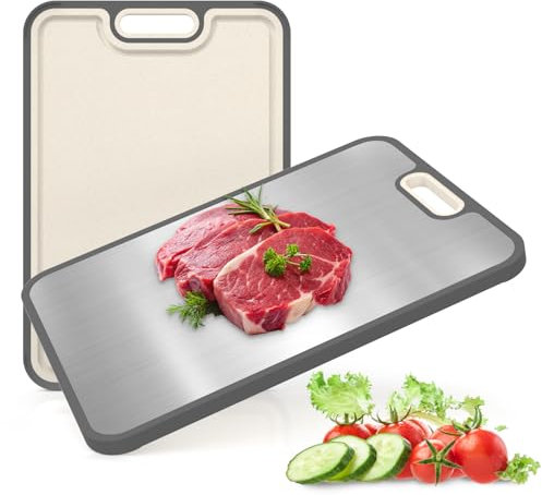 CIRULLI Tabla Cortar Cocina,Tabla de cortars de doble cara de acero inoxidable y paja de trigo,tablas de cortar de cocina con bandeja recogegotas, tabla de cortar antideslizante para carne,verduras