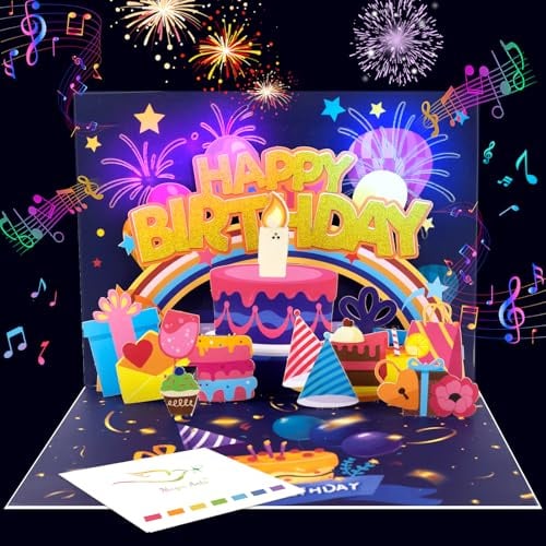 Musikalische 3D Pop Up Geburtstagskarte mit Licht für Kinder und Frauen | Kerze zum Auspusten, Musik und Licht im Takt, Geburtstagsgeschenk für Mama, Tochter und Freundin, Umschlag und Notizkarte