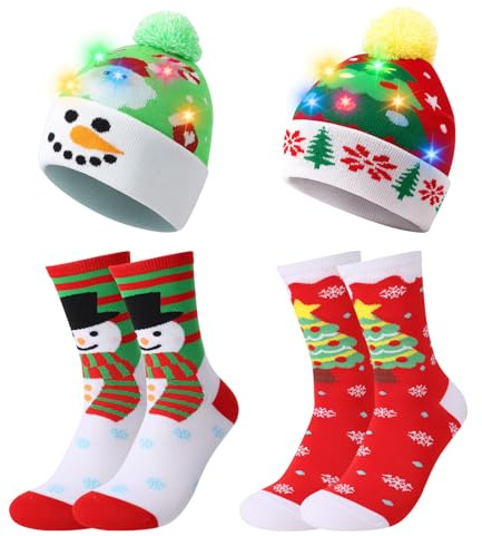 taonganui 2 Stück LED Leuchten Gestrickte Weihnachtsmütze mit 2 Weihnachtssocken,Lustige Weihnachtsaccessoires Nikolausmütze,Warme Wintermütze für Weihnachten Silvester Festliche