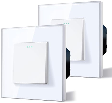 BSEED Electrical Wall Light Switch,Rocker Button wih LED Backlight,10A Toggle On/Off,Glass faceplate, Horizontal & Vertical Mounting,1 Gang 2 way-2 Pack,86mm White