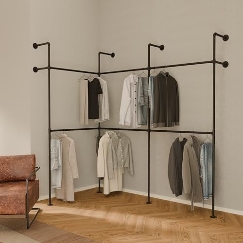 pamo Kleiderstange Wandmontage Eckkleiderschrank 460 kg Traglast | Offener Kleiderschrank oder Kleiderständer industrial Gold aus Metall Wasserrohren