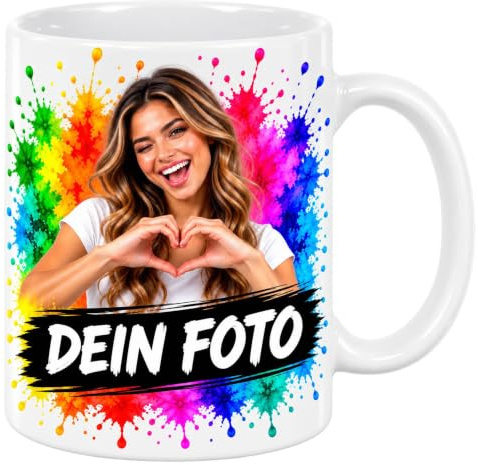 Tasse mit Foto & Text bedrucken – personalisierte Fototasse (weiß) | Kaffeetasse selbst gestalten mit Wunschfoto, Name oder Wunschtext (Text optional) – persönliches Fotogeschenk