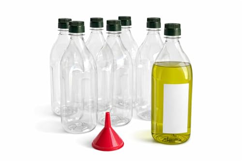 Taninea Botellas de Aceite Vacías 1 Litro de Plástico PET Transparente con Tapón Vertedor y Precinto de Seguridad – Pack 6 – Incluye Embudo y Etiquetas en Blanco