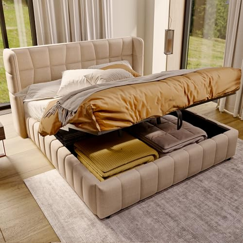 BTM Polsterbett 180 x 200 cm, Doppelbett mit Lattenrost, Rückenlehne, Bett mit Pneumatischem Stauraum, Bettwäschegestelle aus Leinen eignen Sich für Erwachsene und Jugendliche, Beige