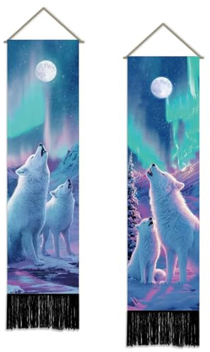 SUPERDANT Wandteppich Set Mit 2 Vertikalen Wolf Wandbehang Mystische Fantasie Tiere Dekor Mit Aurora Retro Wandteppiche Für Schmale Wände Wohnung Wohnzimmer 130x33cm