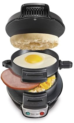Hamilton Beach Breakfast Sandwich Maker with Egg Cooker Ring, Customize Ingredients, Perfect for English Muffins, Croissants, Mini Waffles, Perfect White Elephant Gifts, Black (25477)
