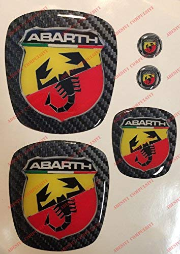 Logo Grande Punto Anteriore, Posteriore + Volante + 2 Stemmi per Portachiavi. per Cofano e Baule. Adesivi resinati, Effetto 3D. Fregi Scorpione, Sfondo Carbonio