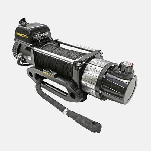 Horntools Seilwinde Alpha G, 5,4 Tonnen, 2 Gang mit Trommelbremse, Kunststoffseil, Querstreben aus Edelstahl, Seilwinde für Auto, Offroad, Selbstbergung, Anhängerwinde, Bootswinde, Jagdwinde (12 Volt)