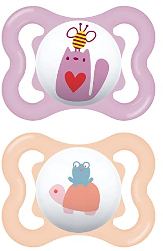 MAM Schnuller Air S229, Auflagefläche mit extra großen Löchern für empfindliche Haut, mit SkinSoftTM-Silikon-Sauger für 0+ Monate, Rosa (2 Stück) mit automatischer Sterilisierungsbox, 0+ meses