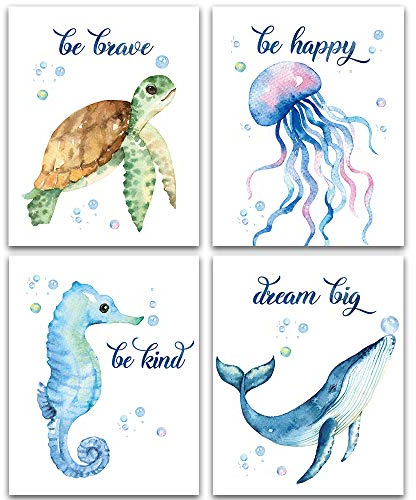 Schöne inspirierende Wörter Textur der Träume Aquarell Meer Meeresleben Kunstdruck Set mit 4 Stück (20,3 x 25,4 cm), Meeresschildkröte, Seepferdchen, Fisch, Wal, Quallen, Wandposter, blaues