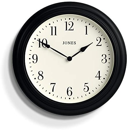 JONES CLOCKS® Supper Club wanduhr | Große Klassische runde Uhr | 40cm | Schwarz | Leicht lesbare Zahlen | Traditionelles Design, ideal für küche oder Wohnzimmer