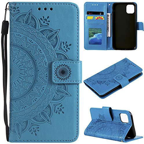 EYZUTAK Case for iPhone 11 6.1 inch, Premium Leather Flip Wallet Case with Card Slots Holder Kickstand Hand Strap Mandala Half Flower Design Embossed Shockproof Cover Case - Blue