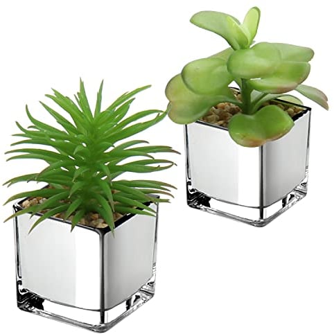 Briful Mini Artificial Succulent Plants, Set of 2 Faux Succulents in Galvanized Glass Pot Modern Fake Plants Plastic Succulents for Centerpiece Bathroom Shelf Bedroom Decor