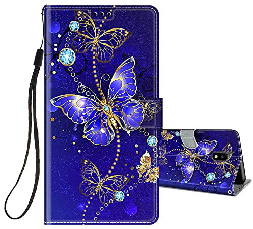 HopMore Handyhülle für Samsung Galaxy J7 2017 Leder Hülle, Klappbar Klapphülle Flip Case 360 Grad Schutzhülle Motiv für Mädchen Frauen Handytasche Stoßfest Silikon Cover - Schmetterling/Blau