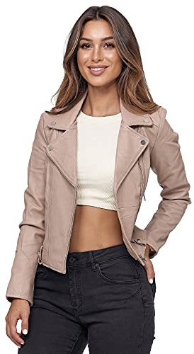 Tazzio Lederjacke Damen Echtleder Jacke im Biker Look mit coolen Zipper-Details & Reverskragen F507 (L, Beige)