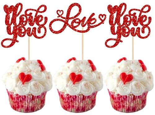Gyufise 24 Pack Valentine's Day Love Cupcake Toppers Red Glitter I Love You Cupcake Picks Valentine's Day Theme Wedding Engagement Bridal Shower Birthday Party Cake Decorations Supplies