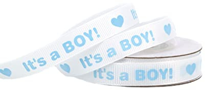 Geschenkband 12mm x 10m Rolle Ripsband mit Baby Motiv Schriftzug Its a Boy weiß blau